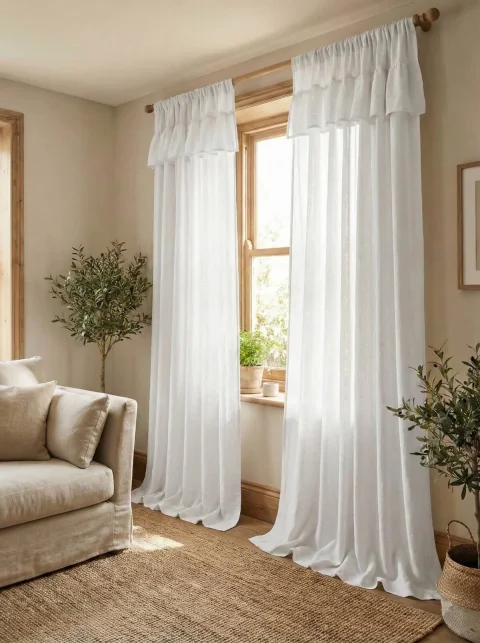 White Linen Sheer Curtains with Ruffled Header - Farmhouse & Cottagecore Style 6
