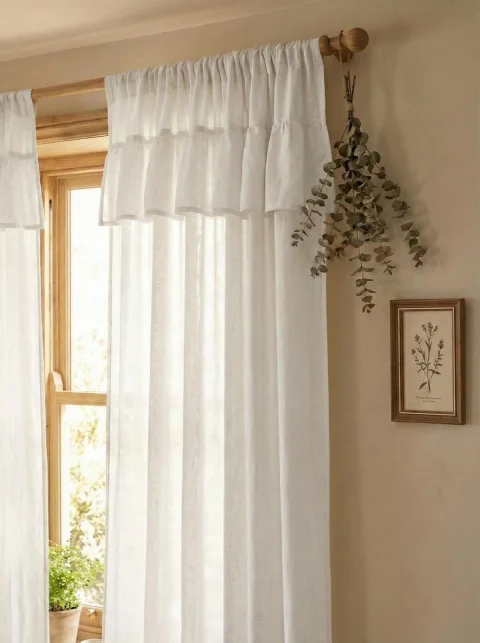 White Linen Sheer Curtains with Ruffled Header - Farmhouse & Cottagecore Style 5
