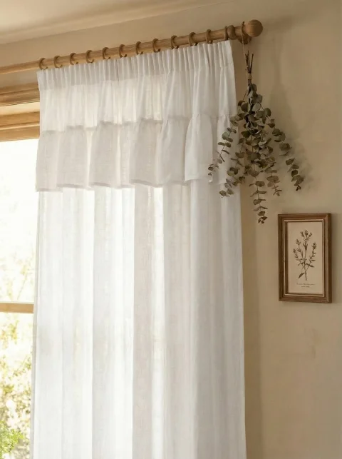 White Linen Sheer Curtains with Ruffled Header - Farmhouse & Cottagecore Style 4