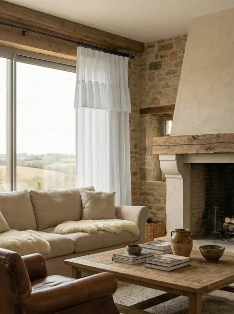 White Linen Sheer Curtains with Ruffled Header - Farmhouse & Cottagecore Style 3