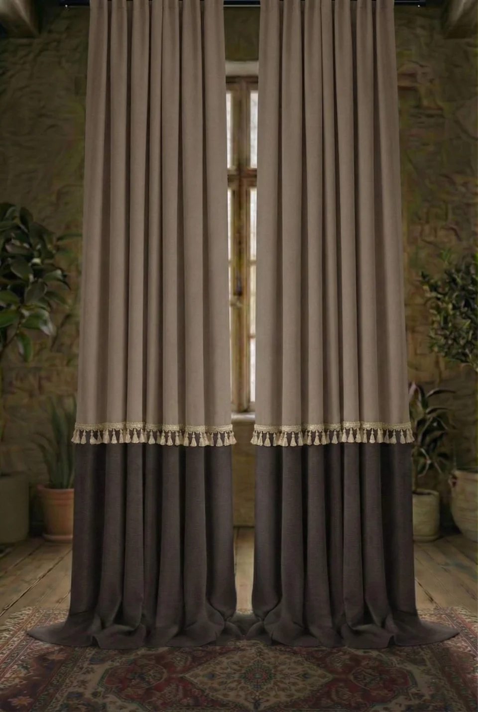 Color Block Linen Look Blackout Curtains with Boho Tassel Trim - Custom Size