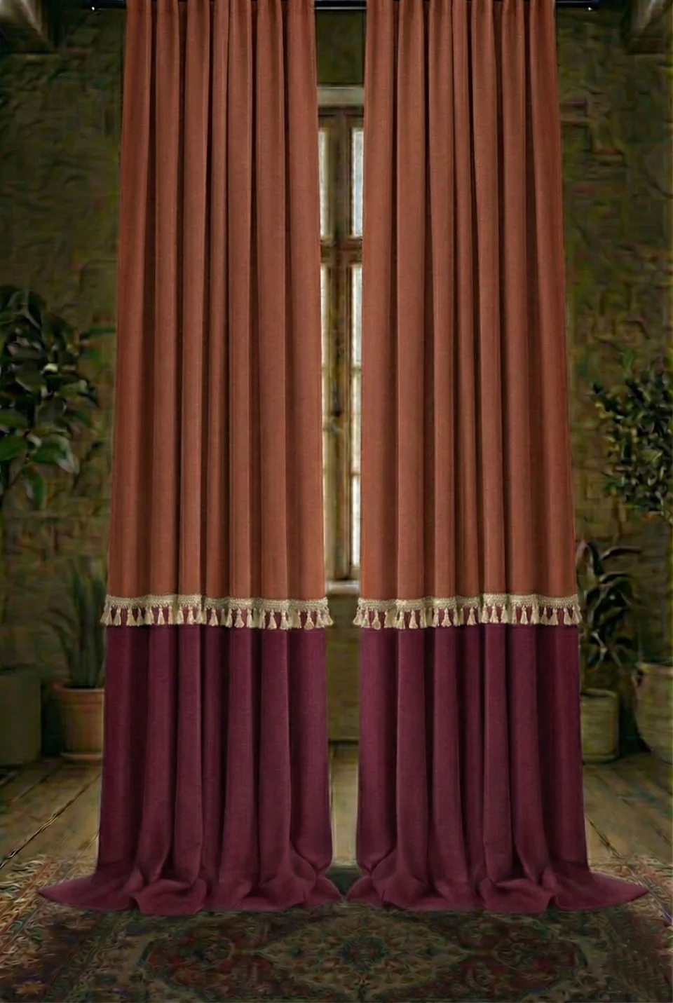 Terracotta & Burgundy Color Block Linen Blackout Curtains with Tassel Trim - Custom Made