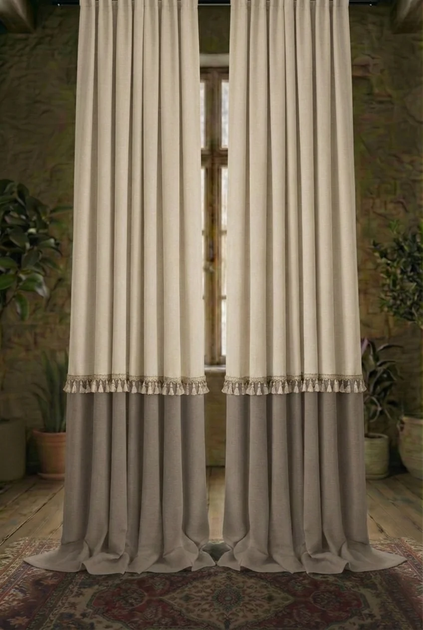 Mink & Espresso Brown Color Block Linen Blackout Curtains with Tassel Trim - Custom Tailored