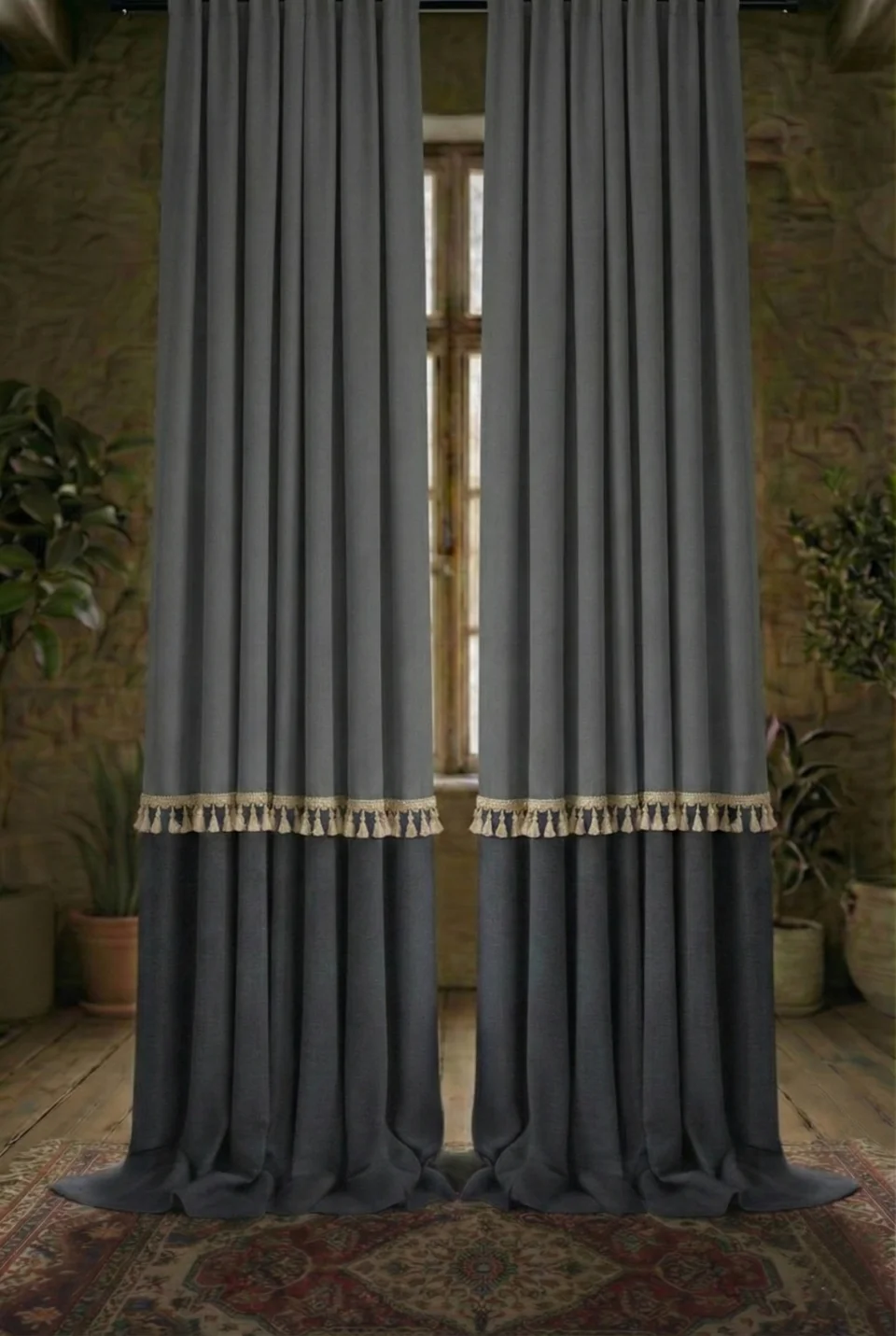Grey & Charcoal Color Block Linen Blackout Curtains with Tassel Trim - Custom Size