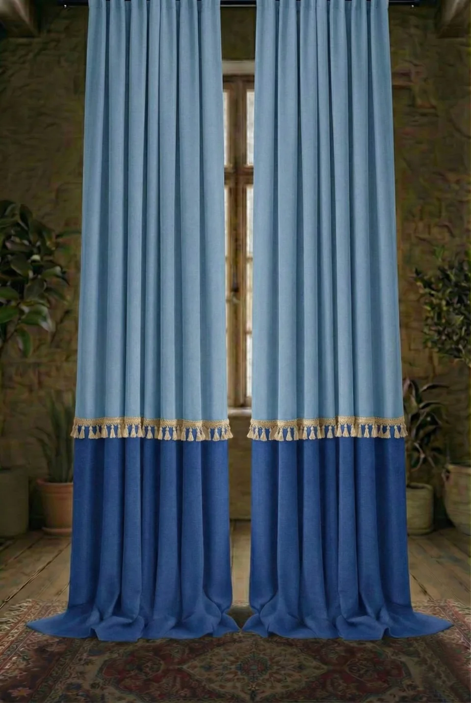 Sky Blue & Navy Blue Color Block Linen Blackout Curtains with Tassel Trim - Custom Size