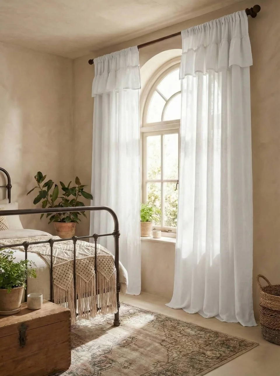 White Linen Sheer Curtains with Ruffled Header - Farmhouse & Cottagecore Style