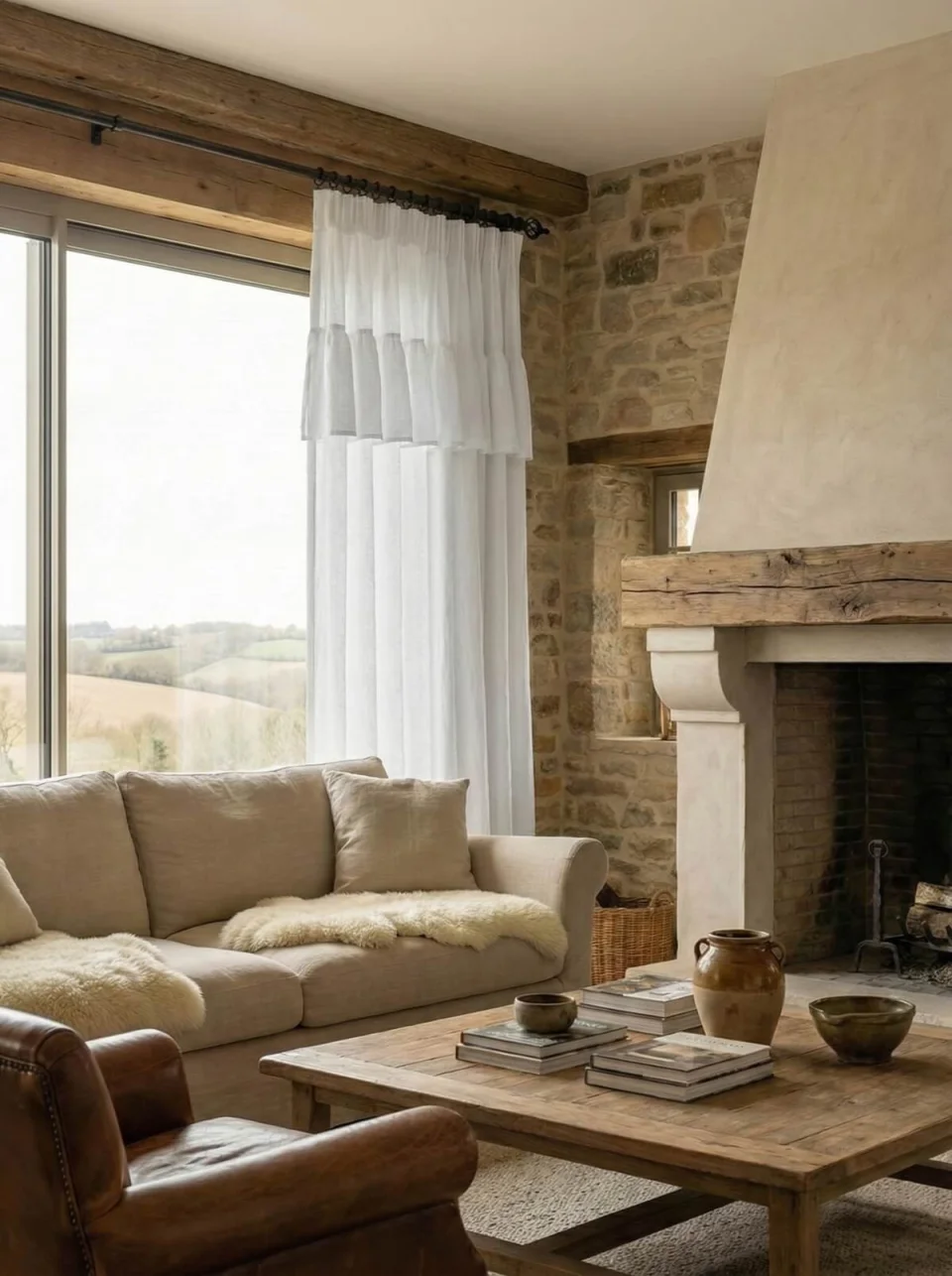 White Linen Sheer Curtains with Ruffled Header - Farmhouse & Cottagecore Style
