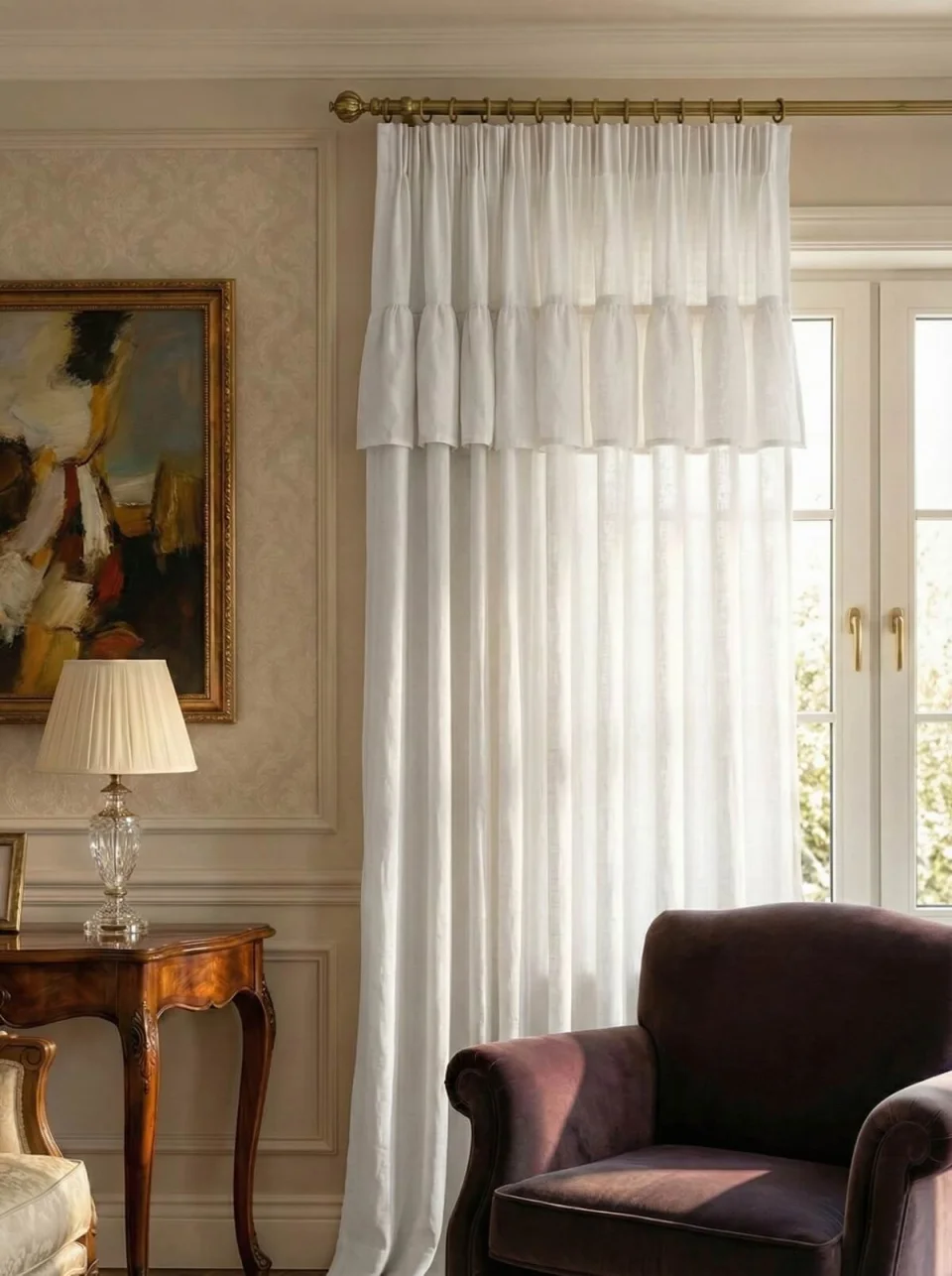 White Linen Sheer Curtains with Ruffled Header - Farmhouse & Cottagecore Style